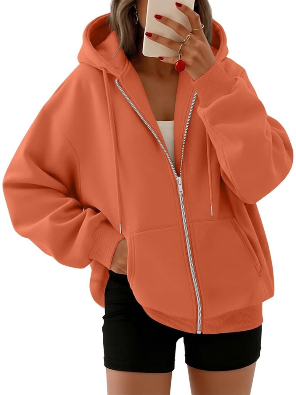 〽️Women's Orange Oversized Zip Up Hooded Neck Cute Lightweight Winter Sweatshirt